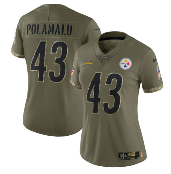 Women's Pittsburgh Steelers #43 Troy Polamalu Olive 2022 Salute To Service Limited Stitched Jersey(Run Small)